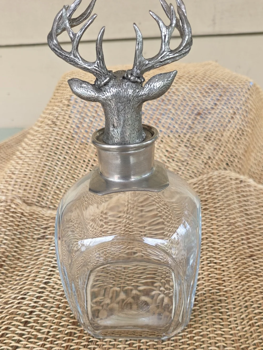 Pottery Barn Figural Stag Deer Head Decanter Blown Glass Pewter